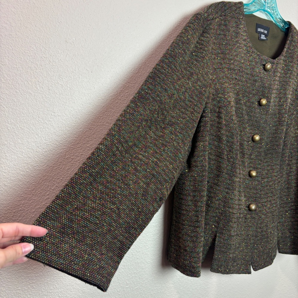 Leslie Fay Blazer Women 16WP Green Metallic Tweed Button Front Jacket Academia - Picture 8 of 13